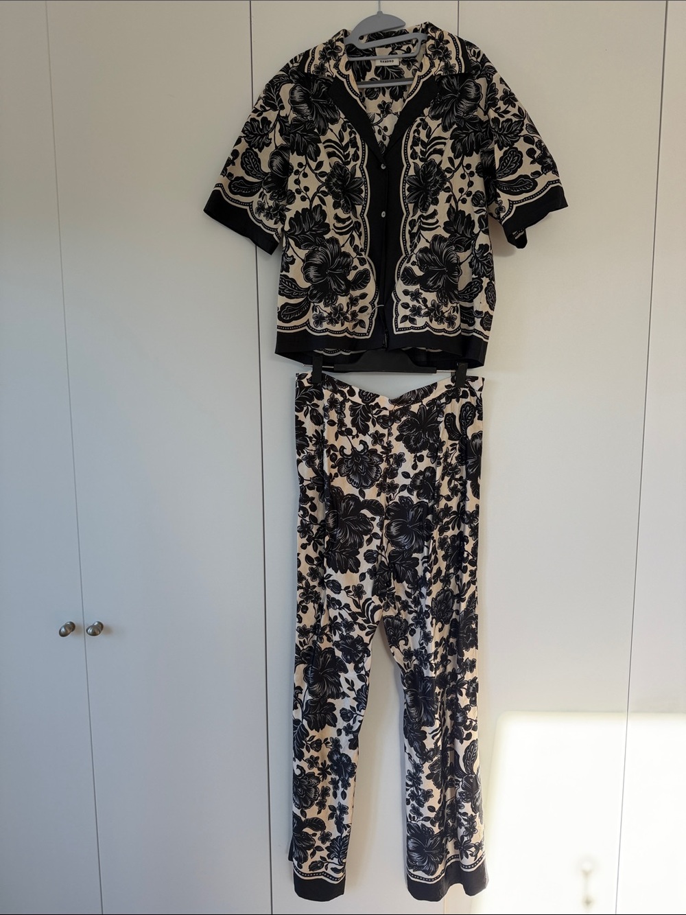 Sandro Black and Cream Floral Knit Pantsuit
